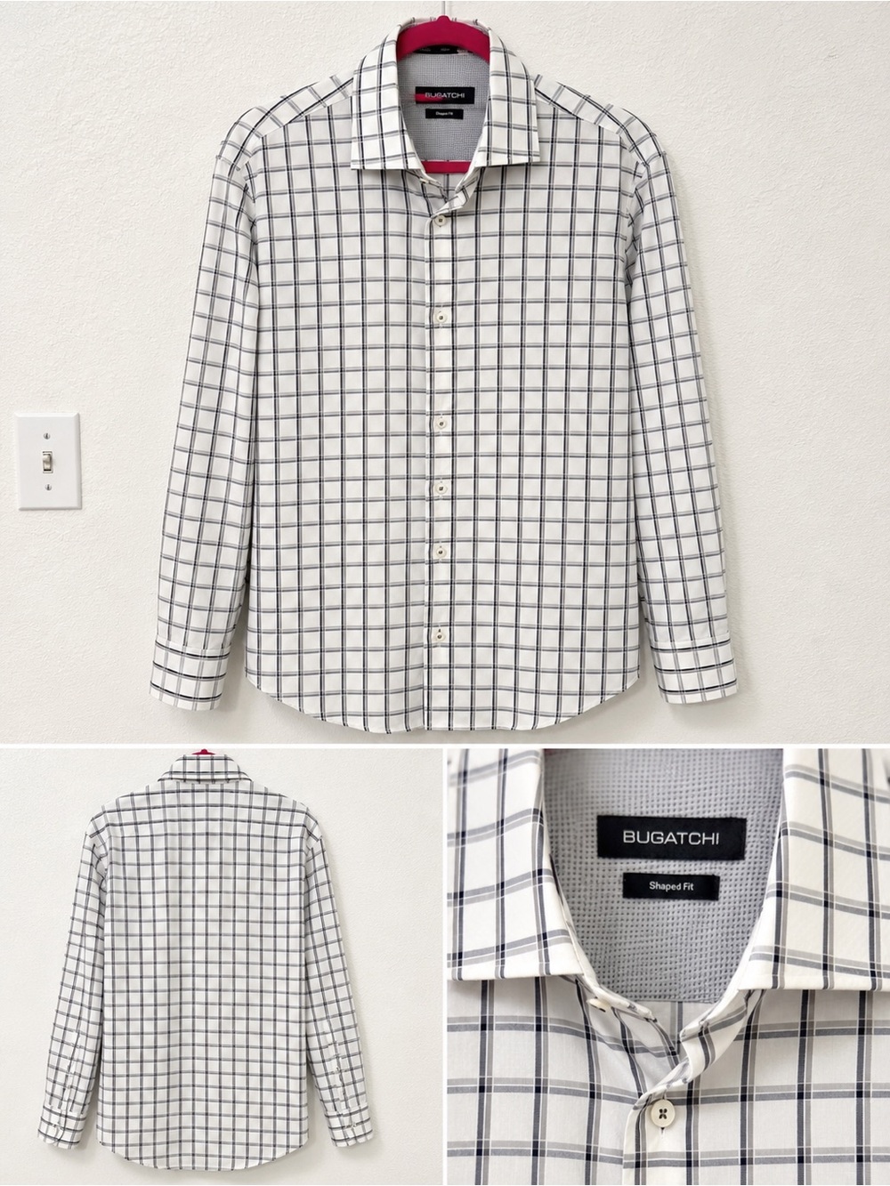 Bugatchi White Shirt with Navy Windowpane Grid